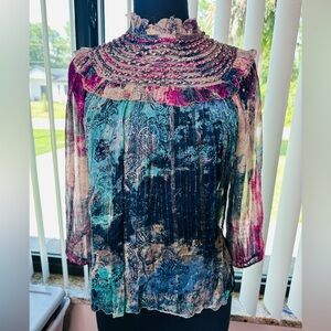 Letmebe High Neck Ruffled Collar Sheer Multicolor Paisley Blouse Size Medium